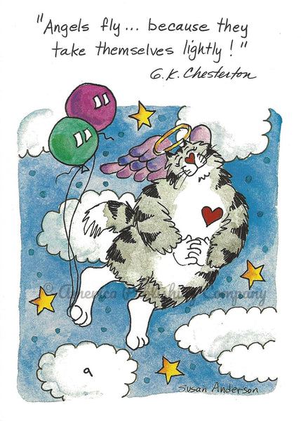 FeLines Greeting Card Cover - Birthday card with Bart the Cosmic Cat with a halo and wings and balloons floating in a sky with clouds and gold stars. Quote by G.K. Chesterton "Angels fly... because they take themselves lightly!"